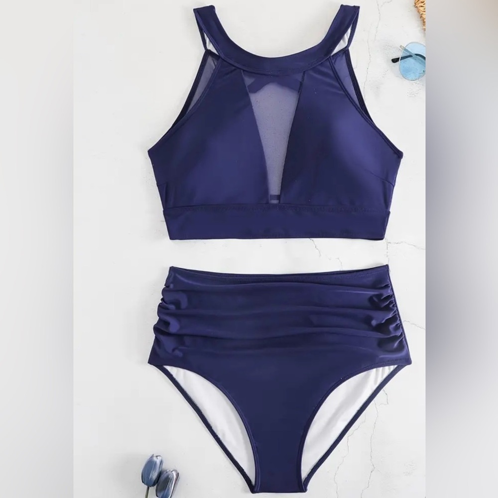Plus Size Blue High Neck Mesh High Waist Bikini Set - Picture 3 of 8